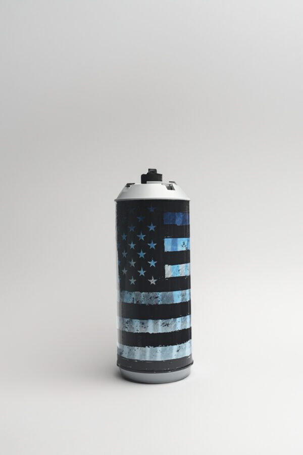 American flag water bottle with thin blue line.