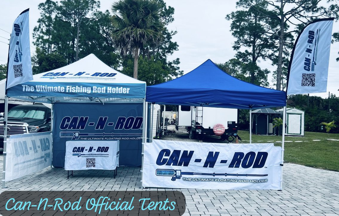 A blue tent with an advertisement for can-n-rod.