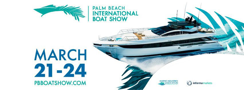 A boat with the words palm beach international boat show on it.