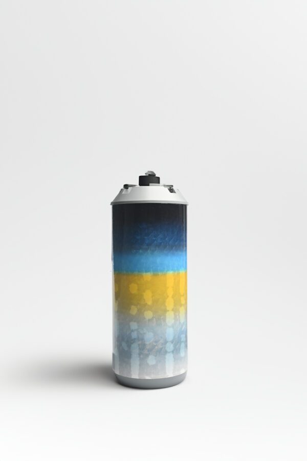 A can of spray paint with blue and yellow colors.