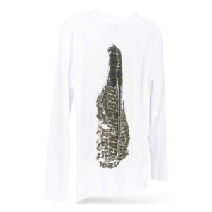 White long-sleeved t-shirt with a vertical, black and gold sneaker print on the back.