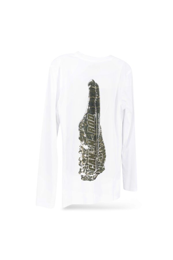 White long-sleeved t-shirt with a vertical, black and gold sneaker print on the back.