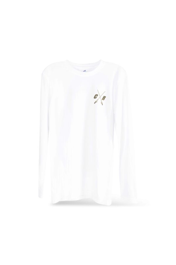 A plain white long-sleeved t-shirt with a small scissors graphic on the front, displayed on a white background.