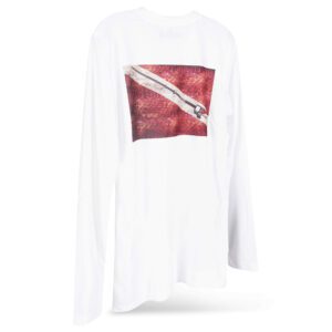 A white long-sleeved t-shirt with a graphic print of a pencil on a textured red background, displayed against a white backdrop.