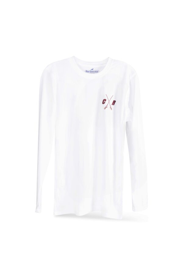 White long-sleeve t-shirt with a small red logo on the left chest, displayed on a white background.