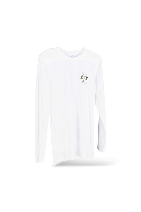 A white long-sleeve t-shirt displayed against a white background, featuring a small green logo on the front left side.