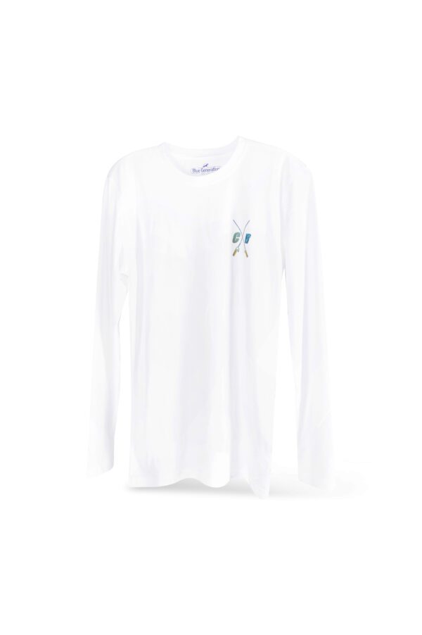 White long-sleeve t-shirt with a small blue butterfly logo on the left chest, displayed on a plain white background.