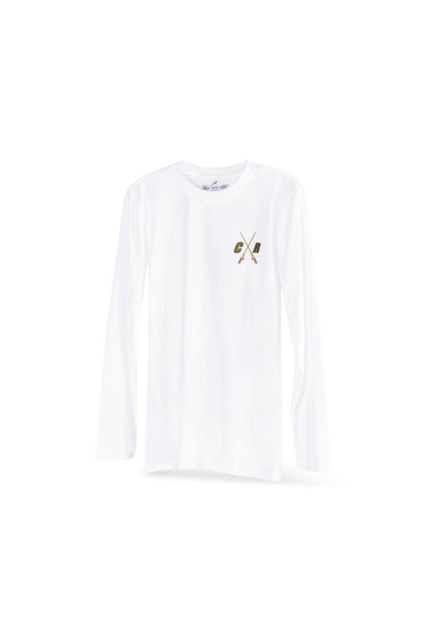 A white long-sleeve t-shirt with a small, black crossed-out eye graphic on the front, displayed against a plain white background.