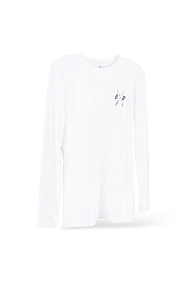 A plain white long-sleeved t-shirt with a small black scissors logo on the left chest area, displayed against a white background.