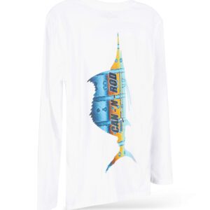 A white long-sleeved t-shirt displaying a colorful graphic of a rocket with stylized text and artistic elements.