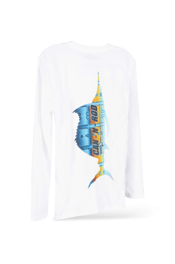 A white long-sleeved t-shirt displaying a colorful graphic of a rocket with stylized text and artistic elements.