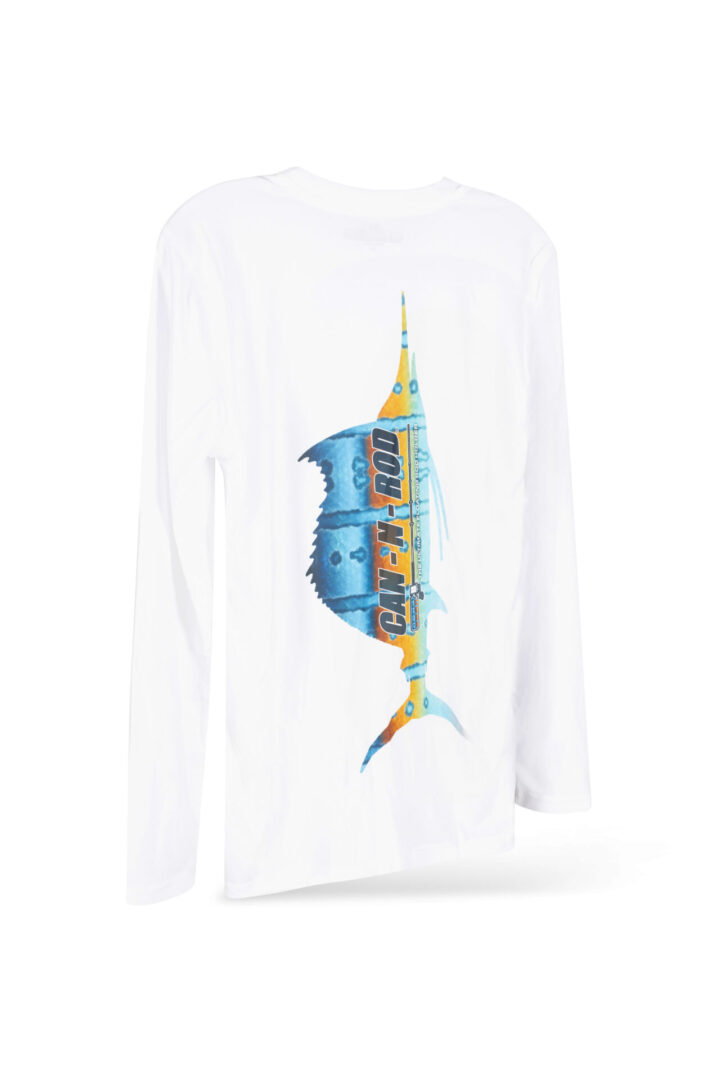 A white long-sleeved t-shirt displaying a colorful graphic of a rocket with stylized text and artistic elements.