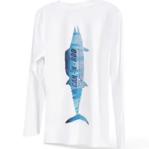 White long-sleeve t-shirt with a vertical blue shark graphic in the center, isolated on a white background.