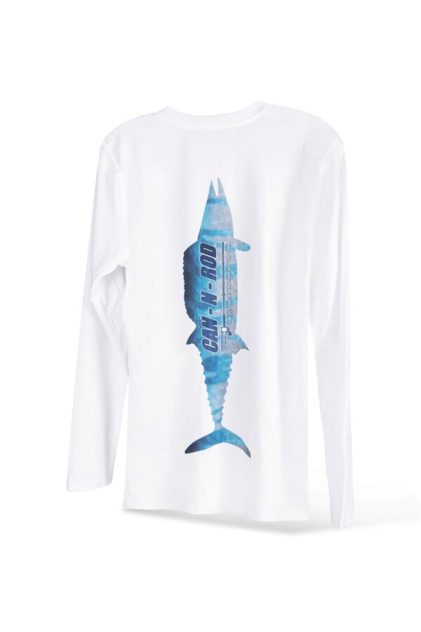 White long-sleeve t-shirt with a vertical blue shark graphic in the center, isolated on a white background.