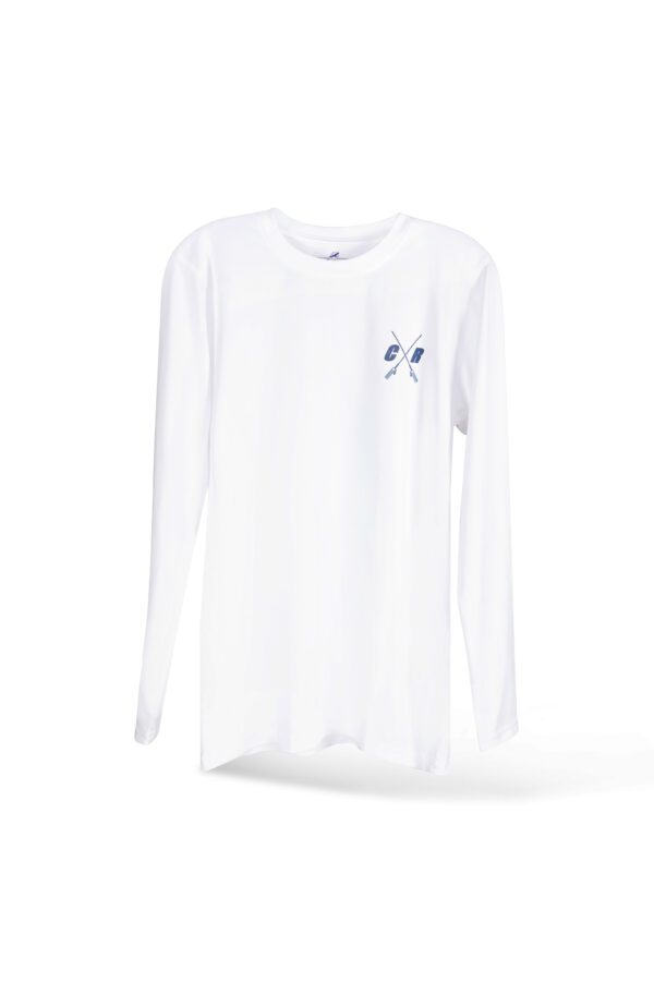 White long-sleeved t-shirt with a small black scissors graphic on the chest, displayed on a plain white background.