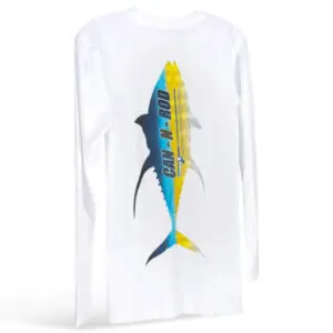 YellowFin Tuna long-sleeve t-shirt with a colorful graphic of a marlin and the text "san diego" positioned vertically along the fish.