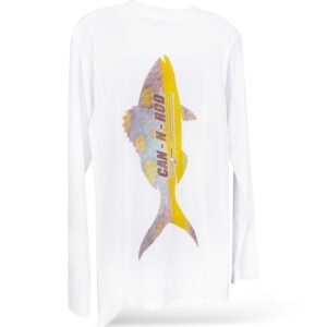 White long-sleeved t-shirt with a graphic of a yellow pencil shaped like a fish on the front, against a plain white background.