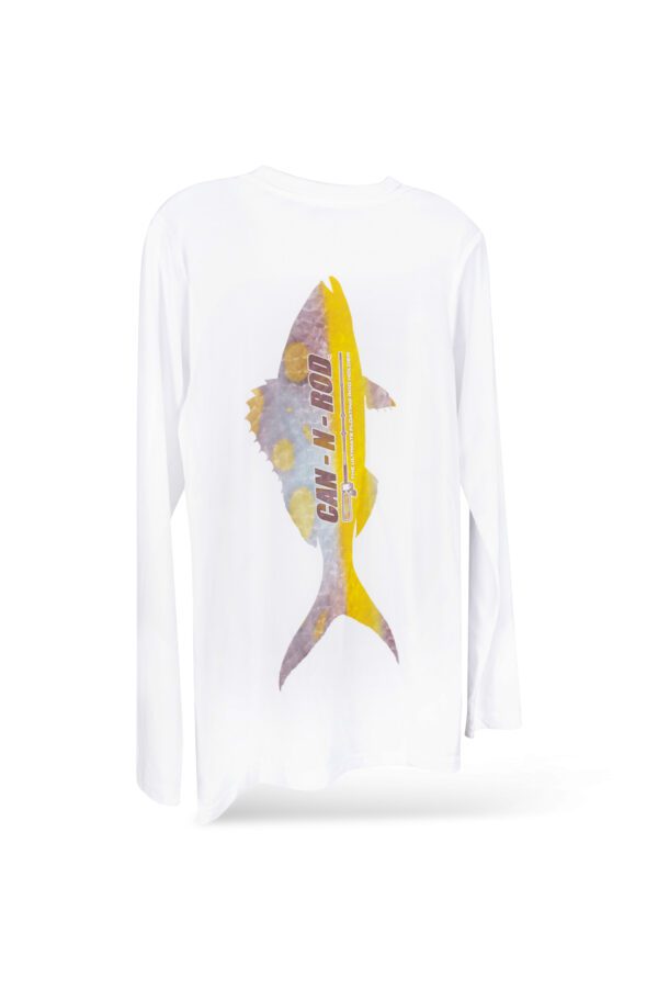 White long-sleeved t-shirt with a graphic of a yellow pencil shaped like a fish on the front, against a plain white background.