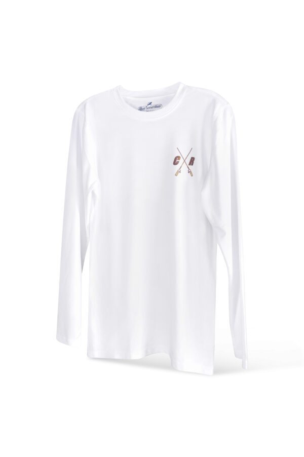 A plain white long-sleeve t-shirt with a small logo featuring crossed oars on the left chest area, displayed against a white background.