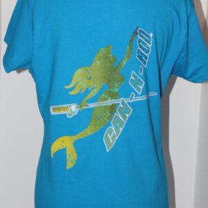 A blue t-shirt with a green frog graphic and the phrase "catch 'n' go" printed in white.