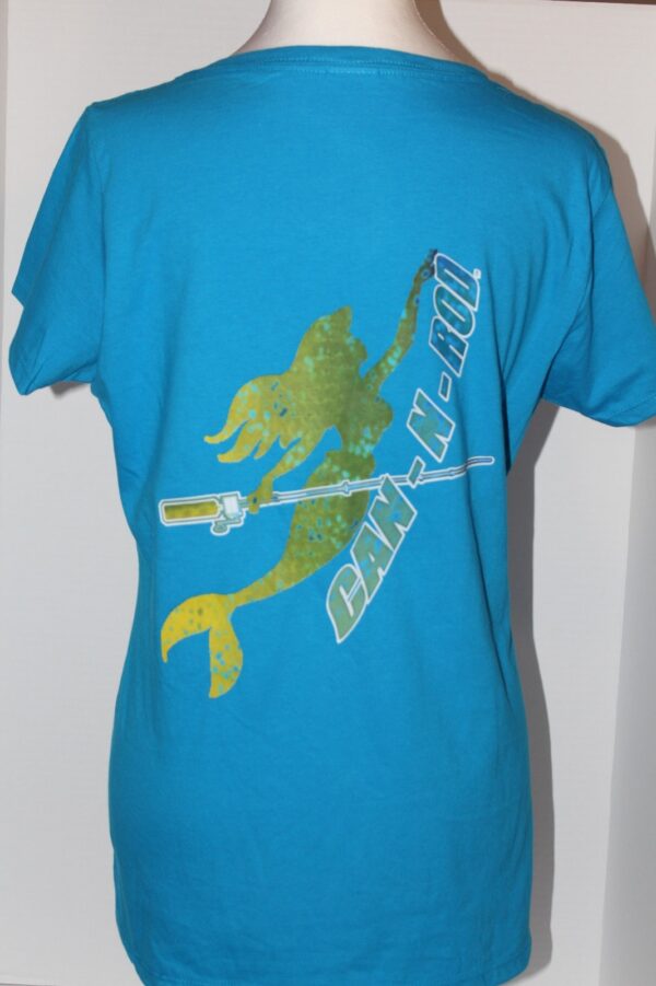 A blue t-shirt with a green frog graphic and the phrase "catch 'n' go" printed in white.