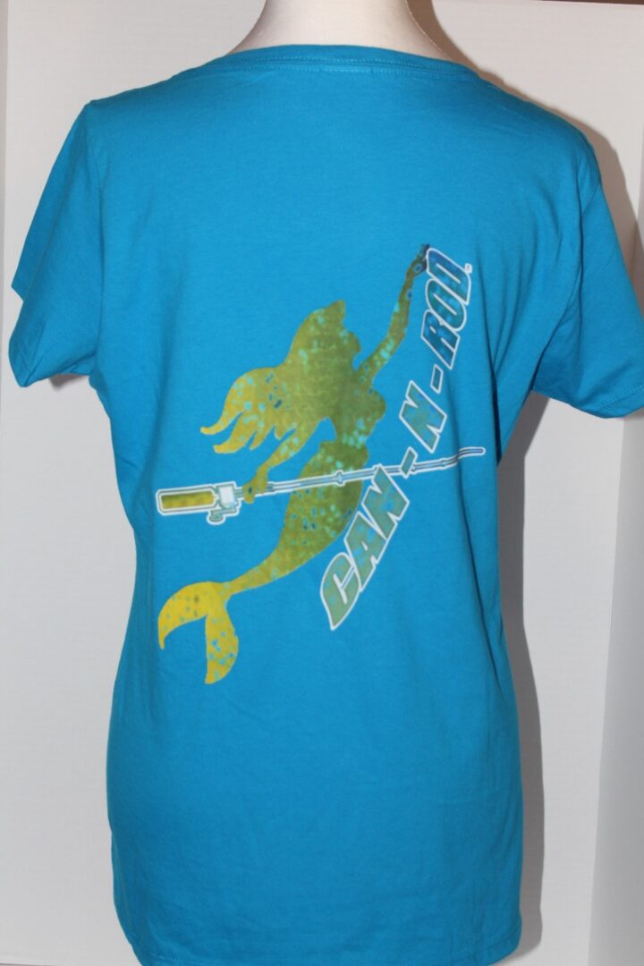 A blue t-shirt with a green frog graphic and the phrase "catch 'n' go" printed in white.