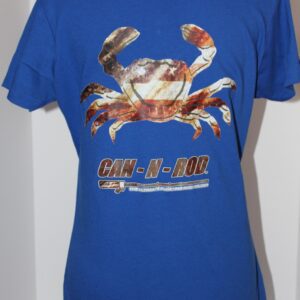 Blue t-shirt with a graphic of a crab and the text "can-a-rol" displayed on a mannequin against a white background.