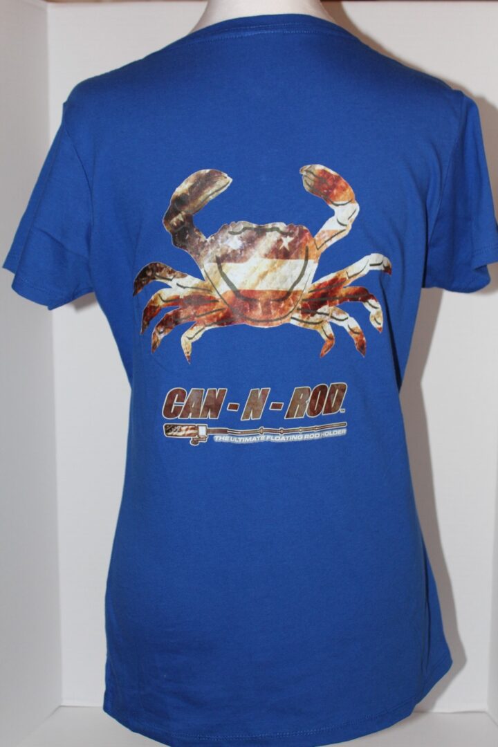 Blue t-shirt with a graphic of a crab and the text "can-a-rol" displayed on a mannequin against a white background.