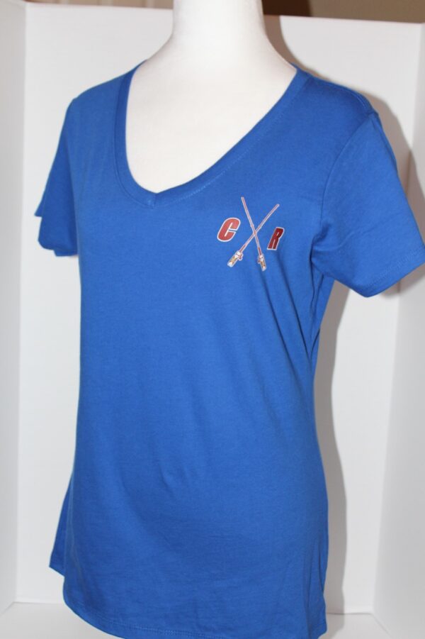 Blue v-neck t-shirt displayed on a mannequin with embroidered initials "c r" and a graphic of crossed rowing oars on the chest.