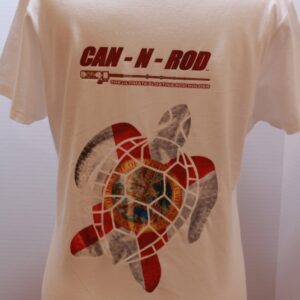 Rear view of a mannequin wearing a white t-shirt with the "can-n-rod" text and a graphic design featuring a turtle and map.