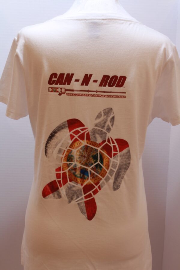 Rear view of a mannequin wearing a white t-shirt with the "can-n-rod" text and a graphic design featuring a turtle and map.