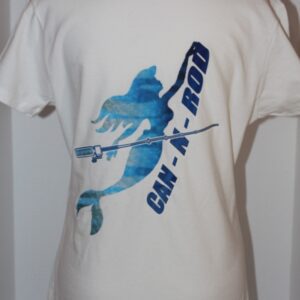 White t-shirt with a blue graphic design of a person surfing a wave and the text "ca-nv-hi" on the back.