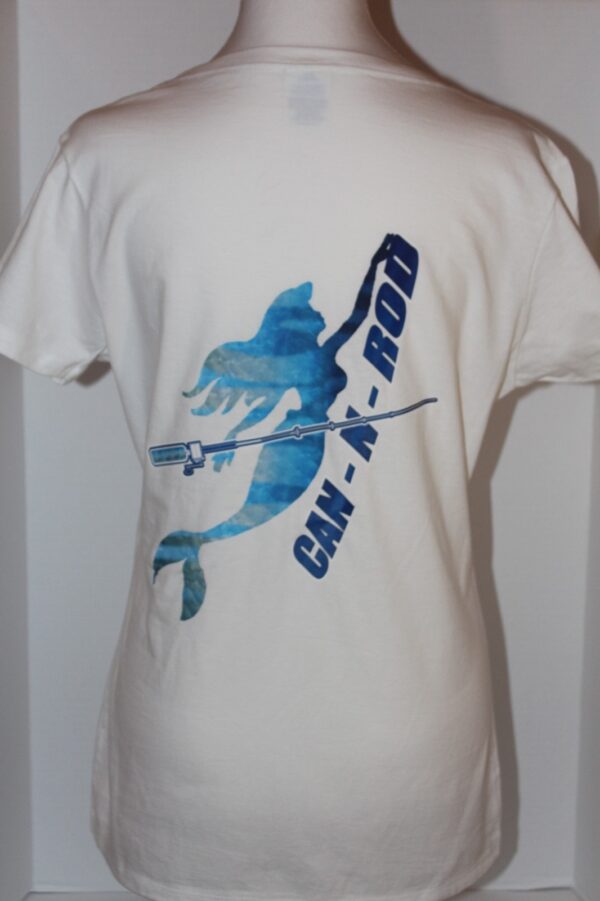 White t-shirt with a blue graphic design of a person surfing a wave and the text "ca-nv-hi" on the back.