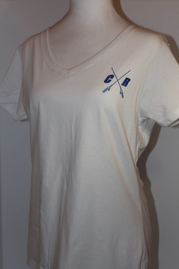 A plain white t-shirt displayed on a mannequin, featuring a black logo with crossed oars on the chest.